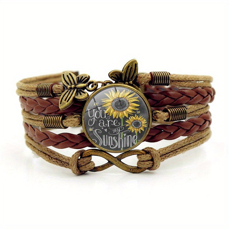 Retro Sunflower Bracelet Woven Multilayer Time Gemstone Bracelet Alloy Hand Jewelry Gift For Women