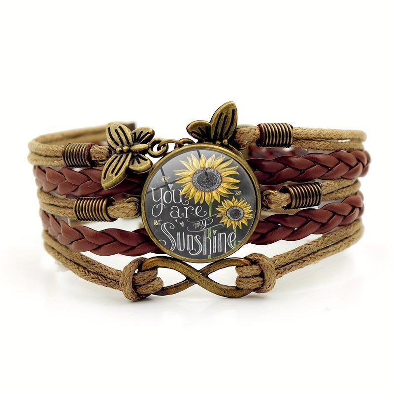 Retro Sunflower Bracelet Woven Multilayer Time Gemstone Bracelet Alloy Hand Jewelry Gift For Women
