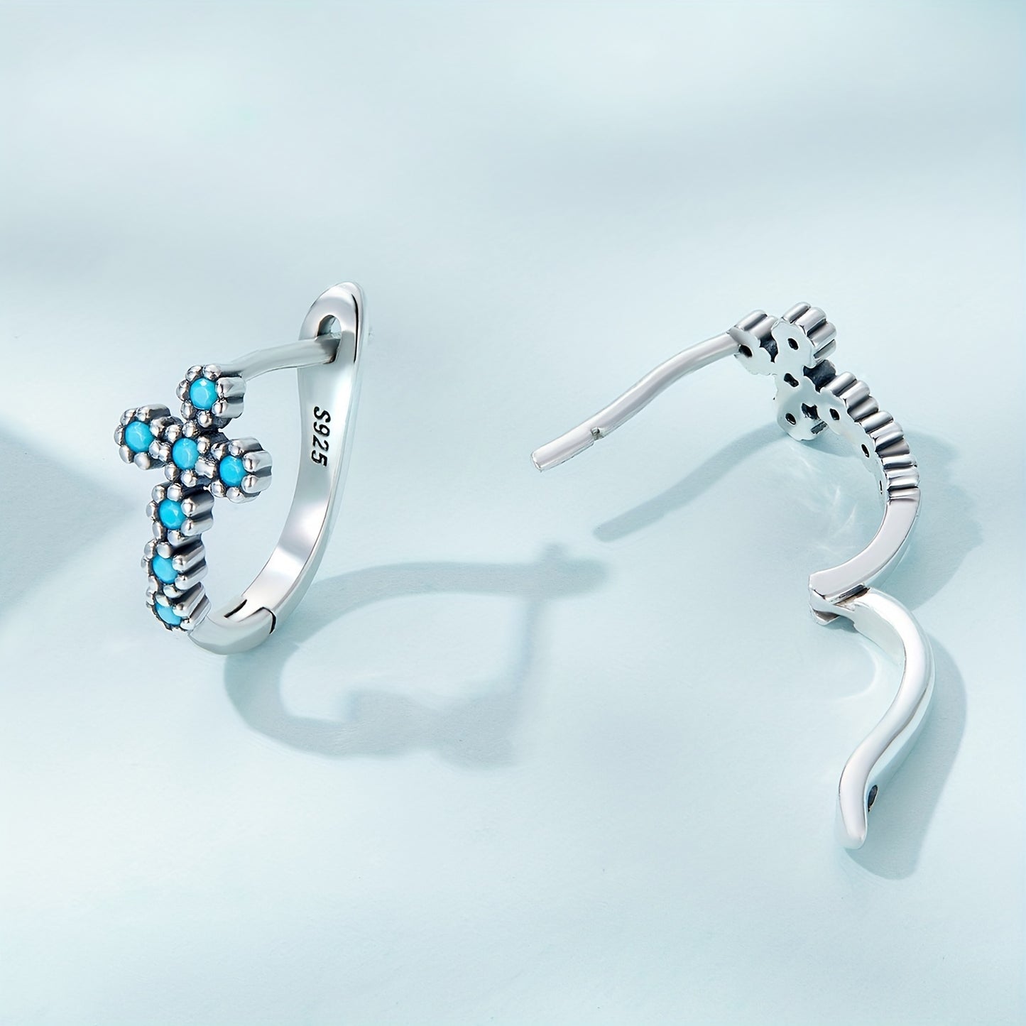 925 Sterling Silver Cross Pattern With Turquoise Decor Hoop Earrings Bohemian Elegant Style Delicate Female Gift